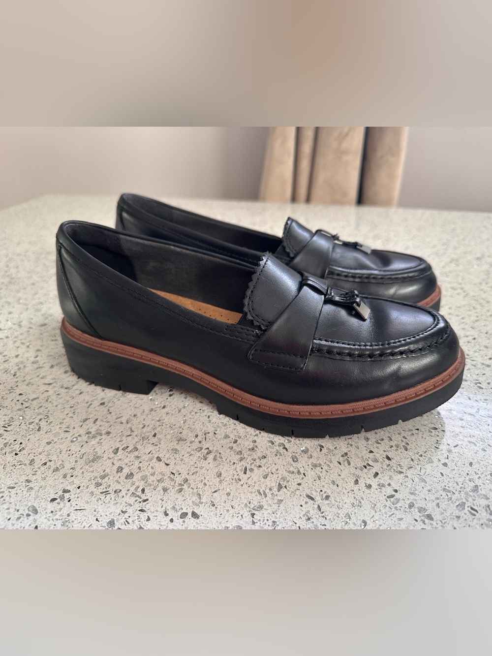 Westlynn Bella Black Leather Tassel Penny Loafers with Lug Sole